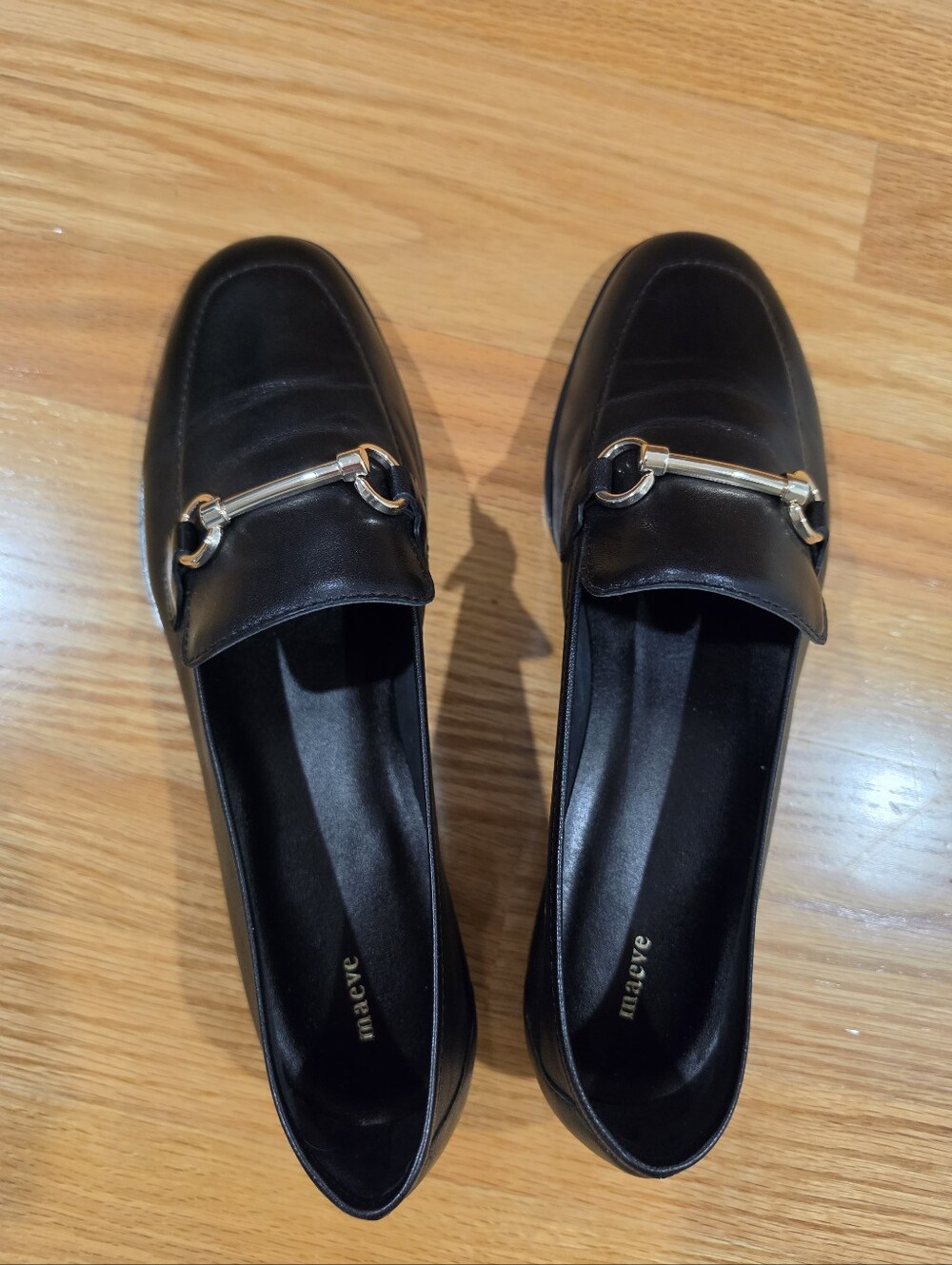 Maeve Black Leather Loafers with Gold Horsebit Accent